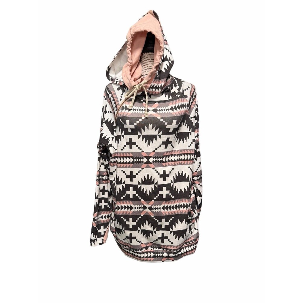Womens Aztec Print Boho Hoodie Sweatshirt Black Pink Cotton Pockets XL NWT
